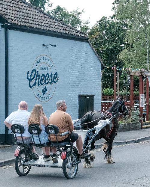 Three people in a horse-drawn carriage in front of the Happy Cheese pub.