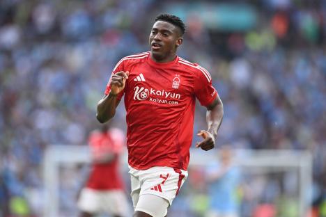 LONDON, ENGLAND - APRIL 27: Taiwo Awoniyi of Nottingham Forest during the Emirates FA Cup Semi Final match between Nottingham Forest and Manchester City at Wembley Stadium on April 27, 2025 in London, England. (Photo by Sebastian Frej/MB Media/Getty Images)
