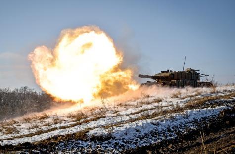 This photo cannot be distributed in the Russian Federation. Mandatory Credit: Photo by Ukrinform/REX/Shutterstock (15137584ah) A tank is in action during a live fire exercise of Leopard 1A5 crews as part of combat training and combat capability restoration of the 44th Separate Mechanized Brigade of the Ukrainian Land Forces. (Photo by Dmytro Smolienko/Ukrinform) Live fire exercise of Ukrainian tank crews, Ukraine - 05 Feb 2025