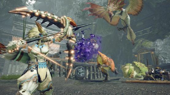 Hunter battling monsters in a video game.