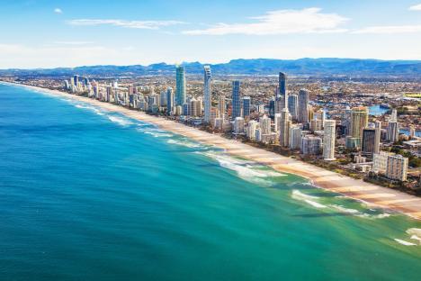 Aerial view of Surfers Paradise beach and skyline.