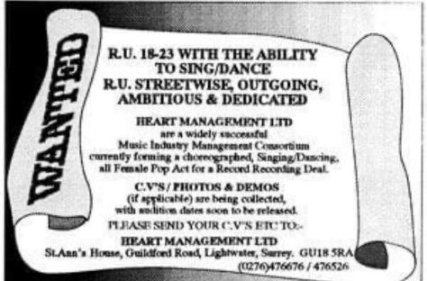 Advertisement for a female pop group seeking singers and dancers.