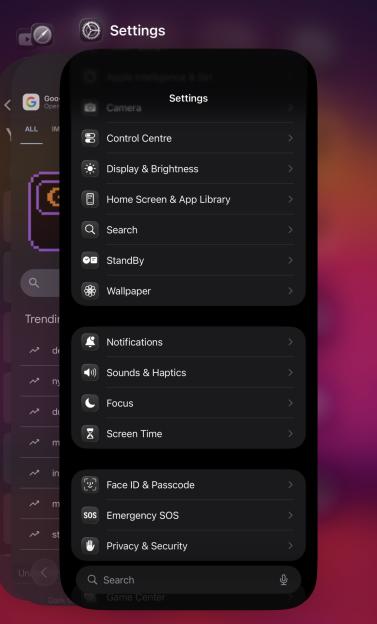 Screenshot of an iPhone's settings menu with sections for Camera, Control Center, Display & Brightness, Home Screen & App Library, Search, StandBy, Wallpaper, Notifications, Sounds & Haptics, Focus, Screen Time, Face ID & Passcode, Emergency SOS, and Privacy & Security.