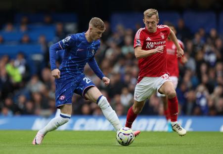 Cole Palmer of Chelsea in action against Nottingham Forest.