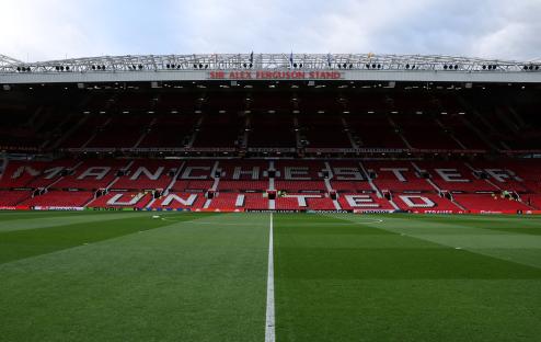 Empty Old Trafford stadium before a soccer match.