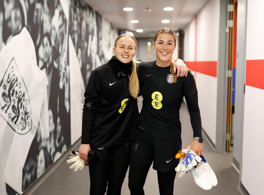 Mary Earps and Hannah Hampton of England pose for a photo during a pre-Euro camp.