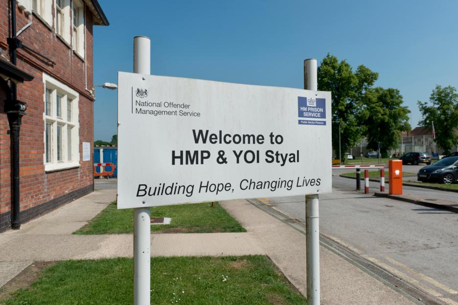 Signage outside HM Prison Styal in Cheshire, UK