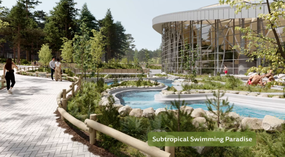 Illustration of a subtropical swimming paradise with people relaxing by the water.