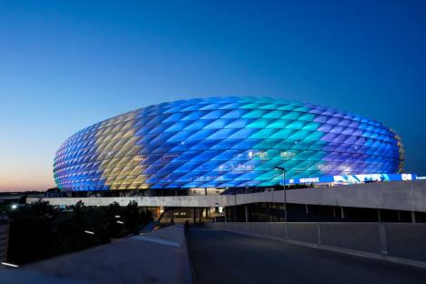 Alamy Live News. 3BF520X Germany, Munich, May 30th 2025: General view outside the Allianz Arena in different colors at sunset time ahead of the UEFA Champions League Final 2025 between Paris Saint-Germain and FC Internazionale Milano at Munich Football Arena in Munich, Germany. (Daniela Porcelli / SPP) This is an Alamy Live News image and may not be part of your current Alamy deal . If you are unsure, please contact our sales team to check.