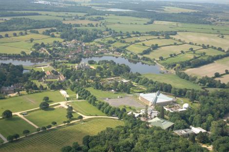 Aerial view of Beaulieu in the New Forest, showing the National Motor Museum and Palace House.