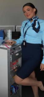 Flight attendant standing next to a beverage cart.