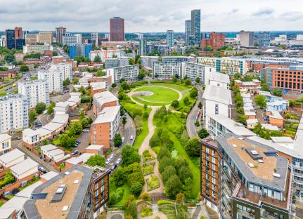 Aerial view of Sunset Park in Birmingham, public park and residential area