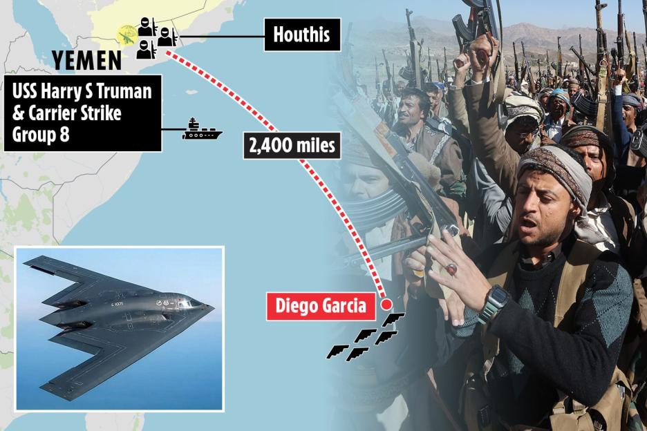 US masses B-2 stealth bombers with 125 TONNES of bombs on Brit island near Houthi killzone just days after Yemen strikes
