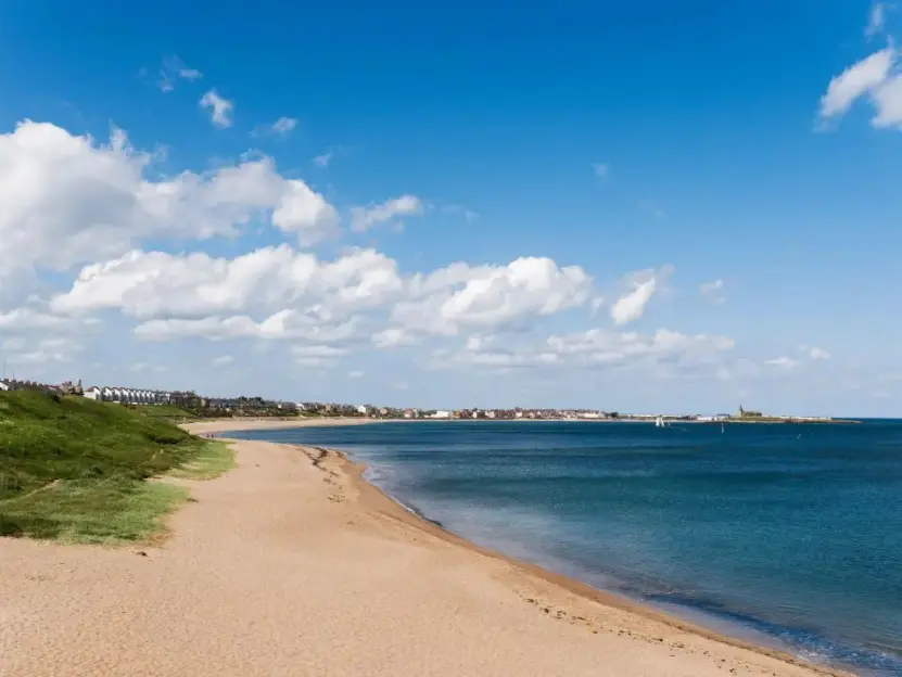 Sandy beach and ocean with a town in the distance under a blue sky.