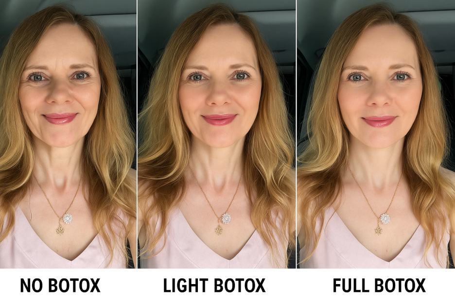 AI-generated image showing a woman's face with no Botox, light Botox, and full Botox.