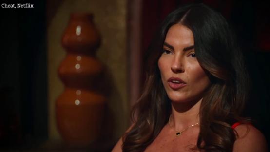 Rebecca from Love Island crying on Amanda Holden's Netflix show, Cheat.