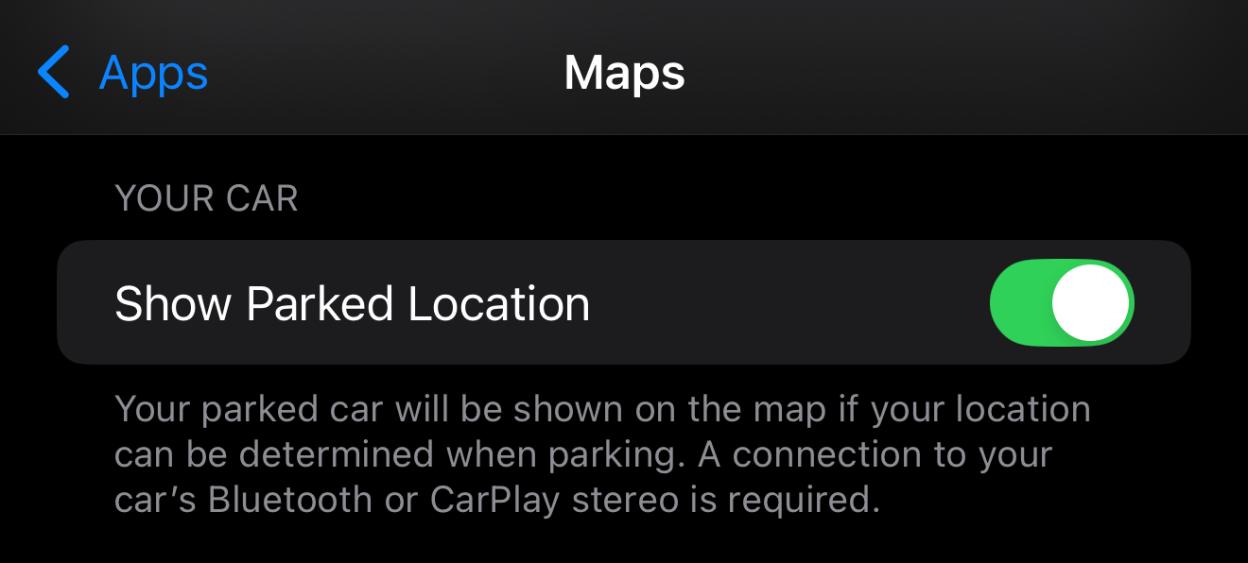 Screenshot of iPhone Maps app settings showing "Show Parked Location" toggle.