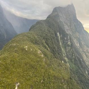 Aerial view of Mitre Peak in New Zealand.