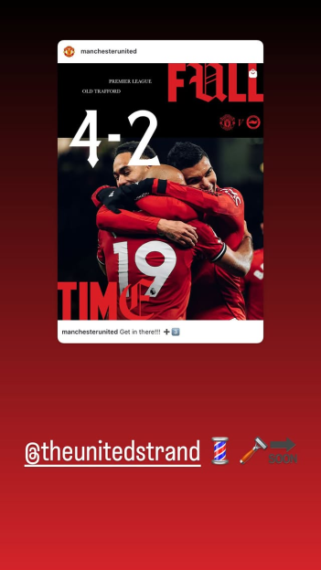 An Instagram post from @manchesterunited showing a 4-2 score from a Premier League match at Old Trafford, with two players celebrating a goal.