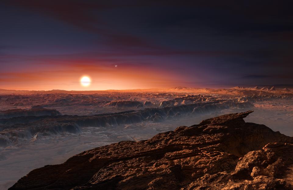 Artist's impression of Proxima b's surface at sunset, showing a rocky landscape and two stars in the sky.