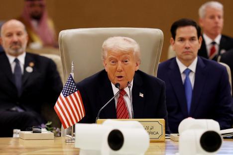 President Trump speaking at the Gulf Cooperation Council Leaders’ Summit in Riyadh, Saudi Arabia.