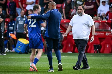 Oliver Skipp, Leicester City midfielder, speaks with Nottingham Forest's manager and co-owner after a football match.