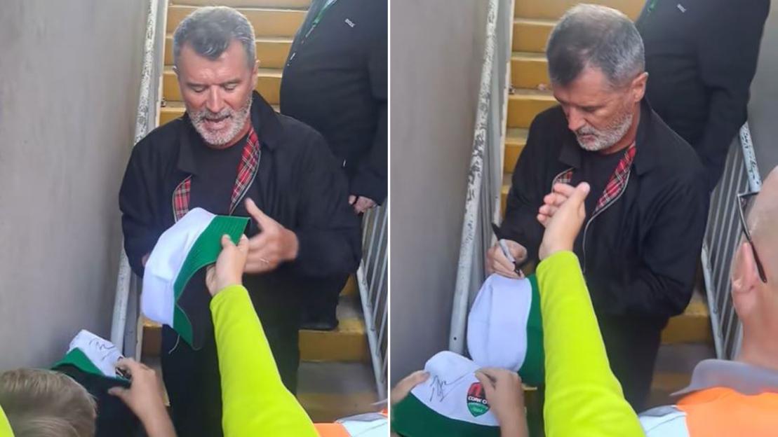 Roy Keane jokes ‘I want to watch the match’ as Man Utd legend takes time to sign autograph for young fan