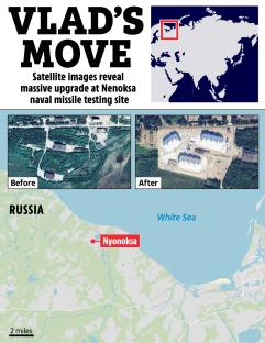 Satellite images showing expansion of a Russian naval missile testing site in Nyonoksa.