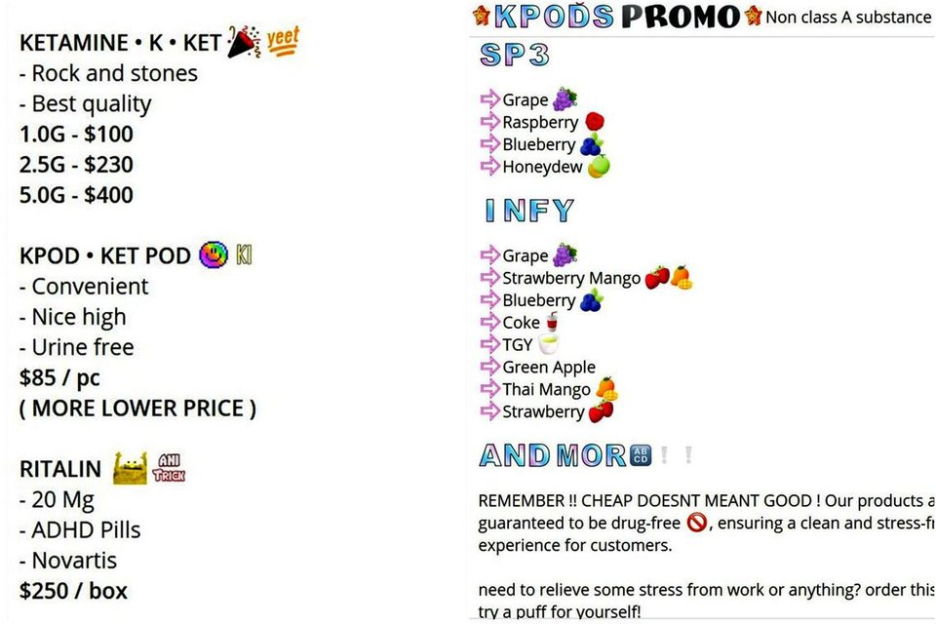 Price list for ketamine, ketamine pods, and Ritalin.