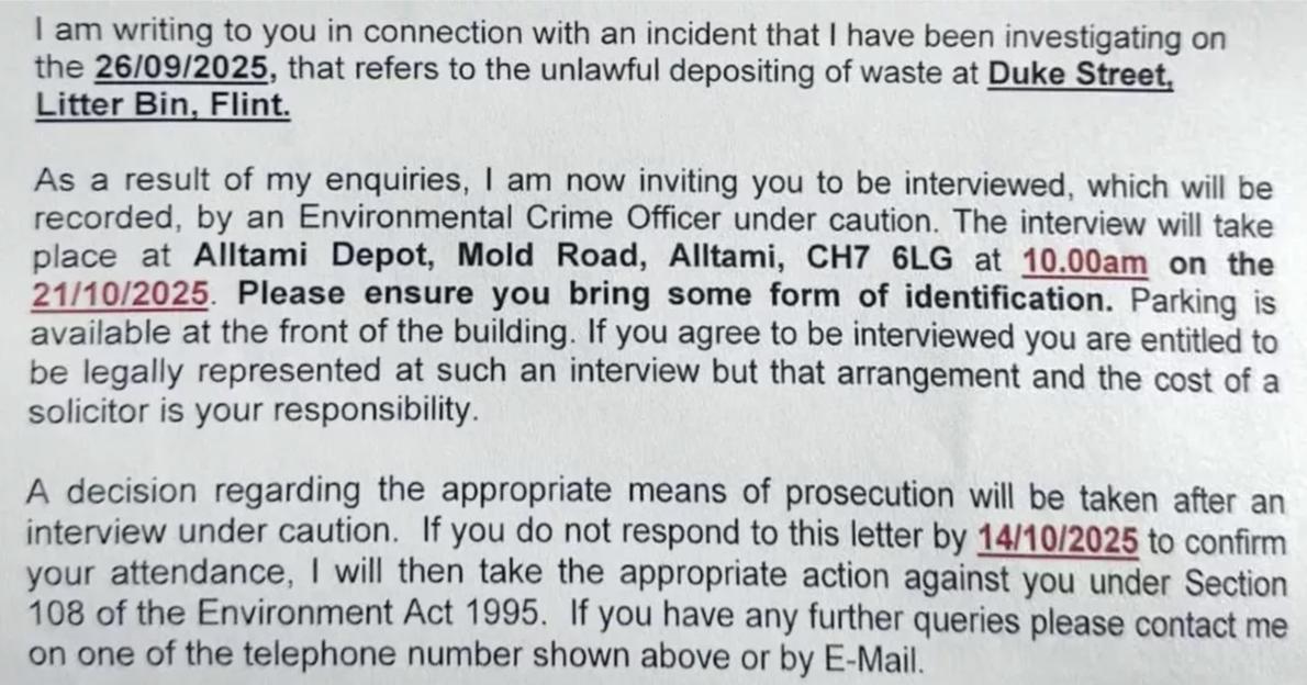 A letter from an Environmental Crime Officer inviting someone to an interview regarding unlawful depositing of waste.