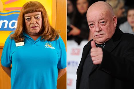 Tim Healy in and out of character as Lesley in Benidorm.