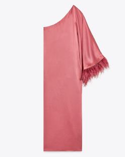 Pink satin top with feather trim.