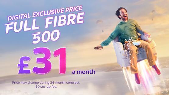 Illustration of a man flying in an armchair while watching TV, advertising full fibre broadband for £31 a month.
