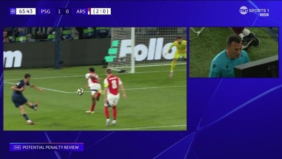 VAR review of a potential penalty during a PSG vs. Arsenal soccer match.