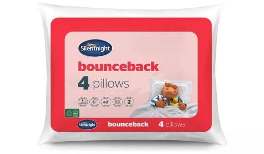 Illustration of a package of four Silentnight bounceback pillows.