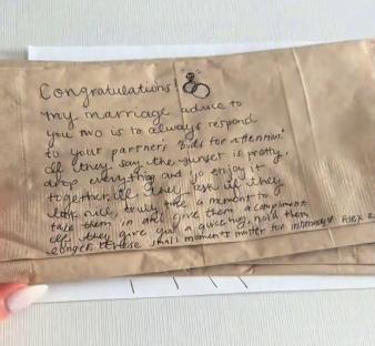 Handwritten marriage advice from fellow airplane passengers.