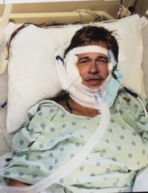 Brad Pitt in a hospital bed with his head wrapped in bandages and a tube coming out of his mouth.