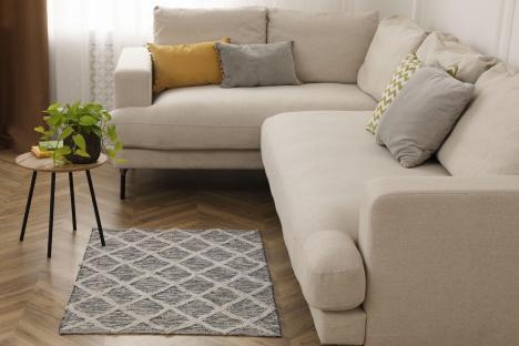 Modern living room with beige sectional sofa, patterned rug, and small plant on side table.