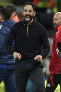 Ruben Amorim, Manchester United coach, celebrating.
