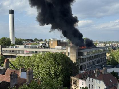 St. Michael's Hospital in Bristol on fire.