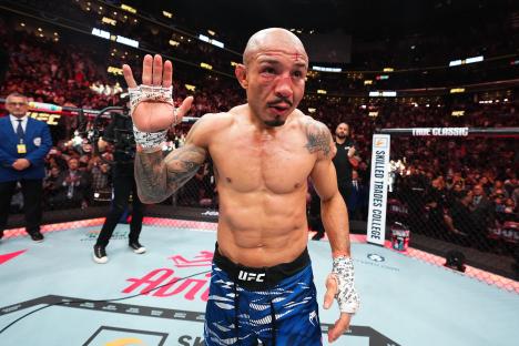 Jose Aldo of Brazil reacts after a UFC featherweight bout.