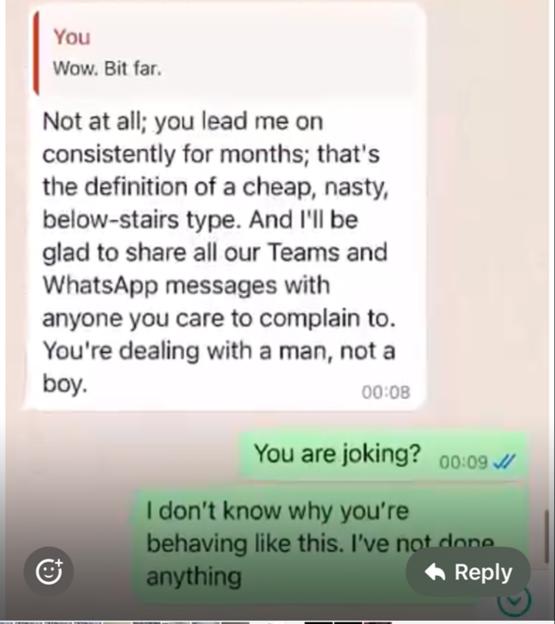 Screenshot of a WhatsApp conversation where a person is being threatened.