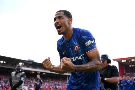 Levi Colwill of Chelsea celebrates a victory.