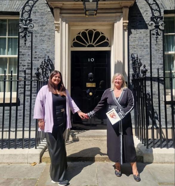 Alison Madgin and Carly Barrett outside 10 Downing Street.