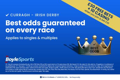 Curragh – Irish Derby offer: Get £30 in free bets and £10 casino bonus with BoyleSports, plus BOG in every race