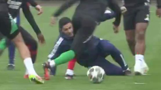 Mikel Arteta slide tackles his own player in training a day before Arsenal’s biggest game of the season vs Real Madrid