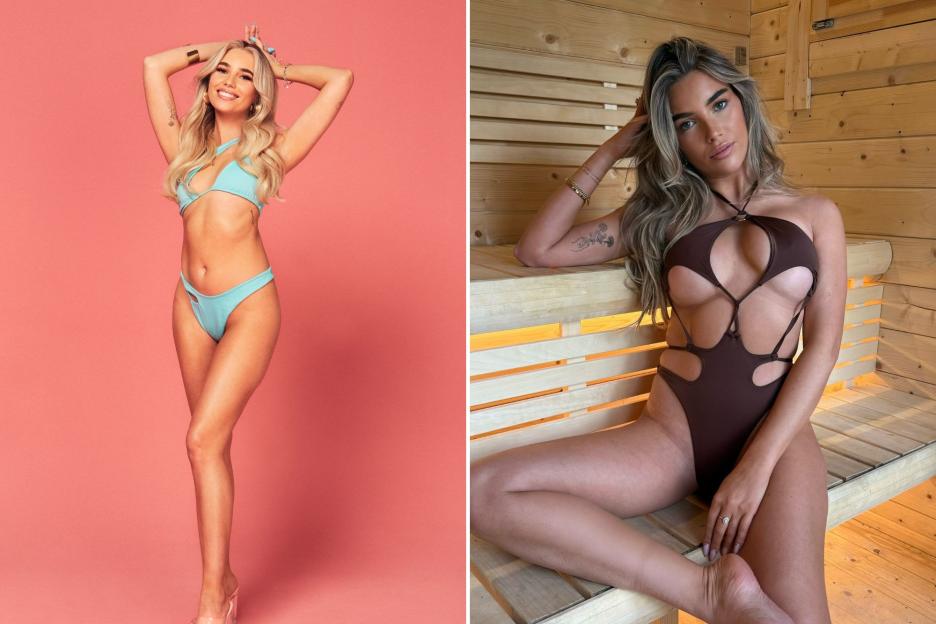 Collage of a woman in a light blue bikini and a woman in a brown cutout swimsuit in a sauna.