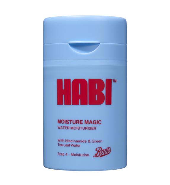 Light blue container of Habi Moisture Magic Water Moisturiser with niacinamide and green tea leaf water, from Boots.