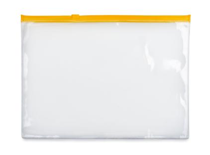 Clear plastic zipper bag with yellow zipper.
