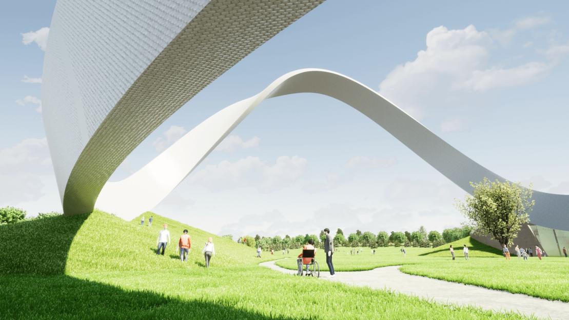 Illustration of a modern, curving white structure over a park with people.